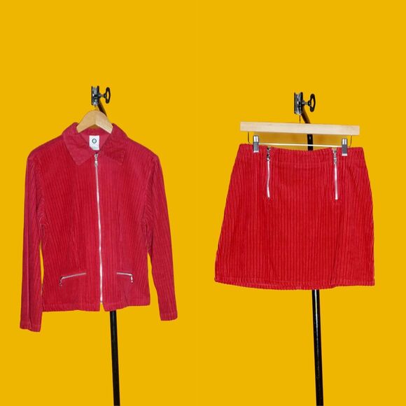 1990s-Y2K ELLEMENNO CORDUROY. Jacket & Mini Skirt SET W/Metal Zipper Detail L-XL